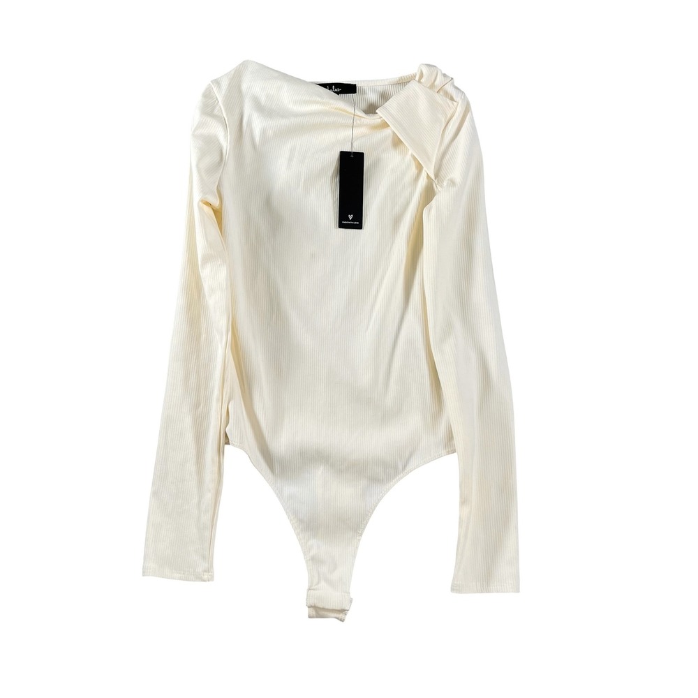 Lulus Always My Best Small White Ribbed Long Sleeve Bodysuit Asymmetrical Neck